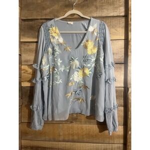 Anthropologie Tiny Blue Embroidered Floral Ruffle Sleeve V-Neck Blouse XL Boho